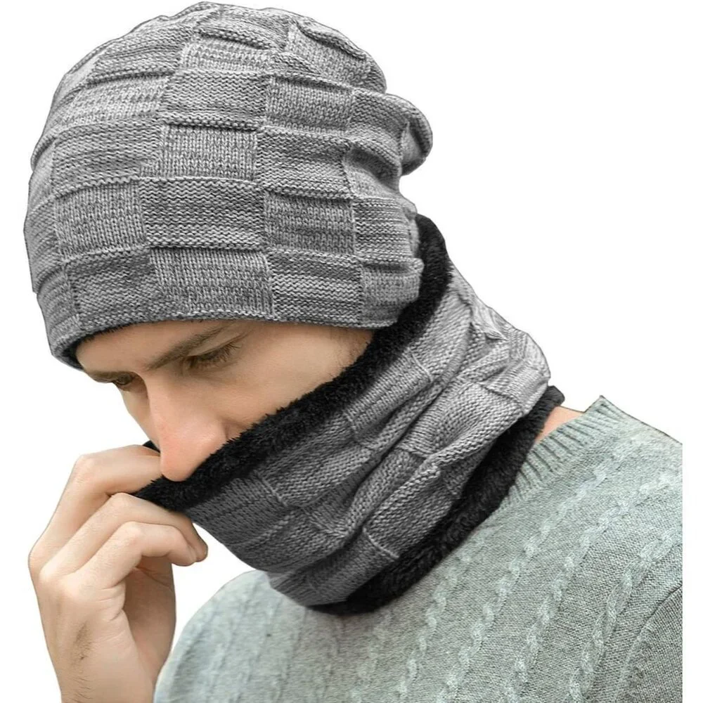 Men's Grey Winter Warm Knit Skull Cap Neck Warmer Fleece Lined Hats Scarf Set